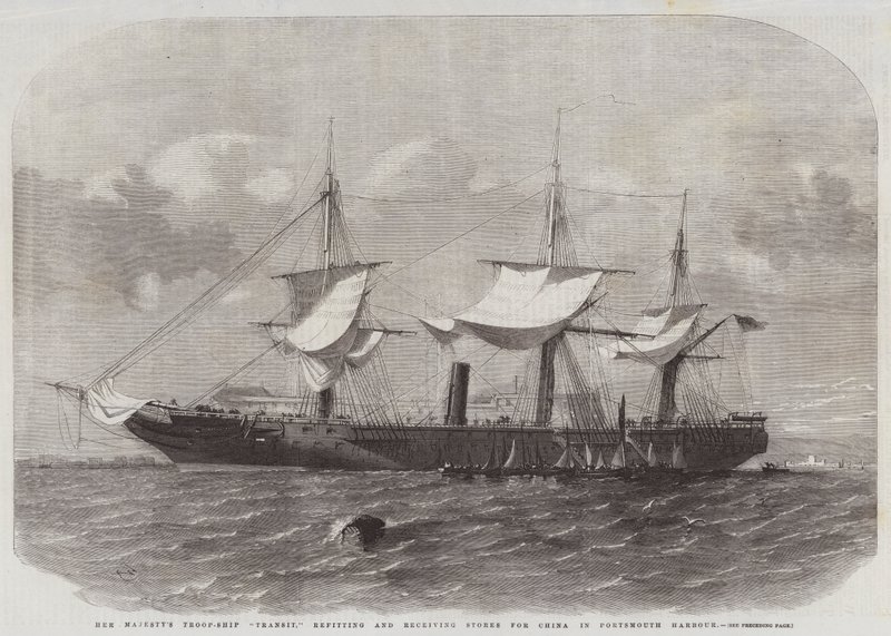 Hennes Majestets tropp-skip transitt, ombygging og mottak av butikker for Kina i Portsmouth havn av Edwin Weedon