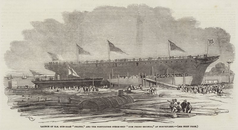 Lansering av HM Gun-Boat Pelter, og det portugisiske dampskipet Dom Pedro Secondo, ved Northfleet av Edwin Weedon