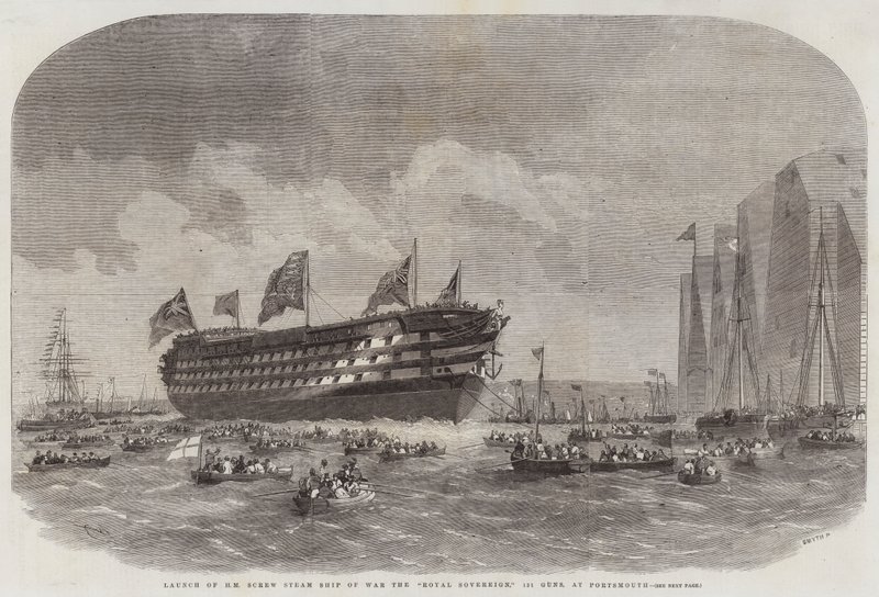 Lansering av HM Screw Steam Ship of War the Royal Sovereign, 131 Guns, i Portsmouth av Edwin Weedon