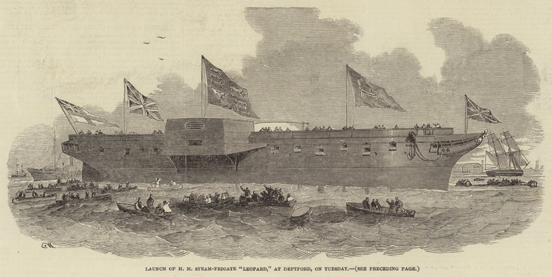Lansering av HM Steam-Frigate Leopard, på Deptford, tirsdag av Edwin Weedon