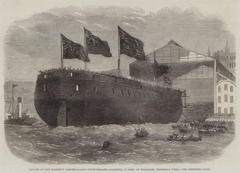 Lansering av Hennes Majestets panserbelagte skrufregatt Caledonia, 31 våpen, på Woolwich, i går uke av Edwin Weedon