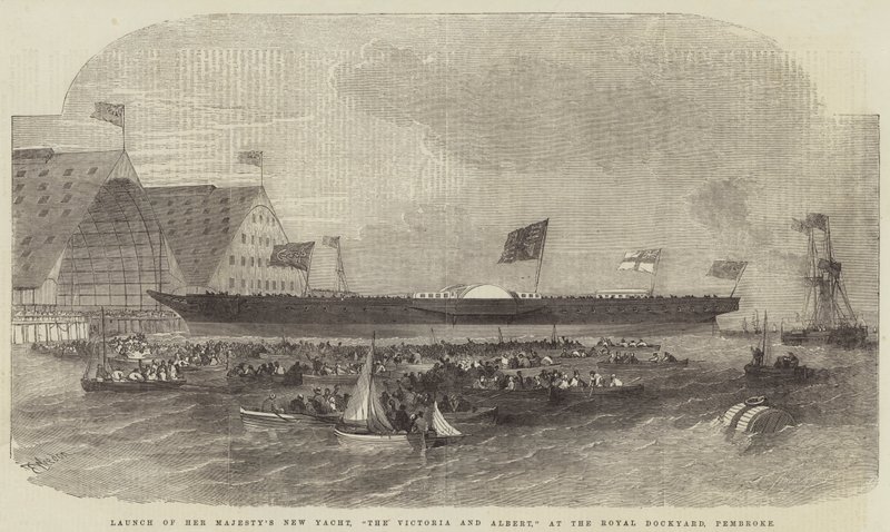 Lansering av Hennes Majestets nye yacht, The Victoria and Albert, ved Royal Dockyard, Pembroke av Edwin Weedon