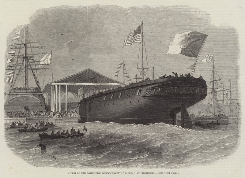 Lansering av den portugisiske Screw-Corvette Sagres, på Limehouse av Edwin Weedon
