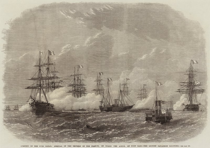 Åpning av Suez-kanalen, ankomst til franskmennenes keiserinne, om bord på Aigle, ved Port Said, den britiske skvadronen hilser av Edwin Weedon