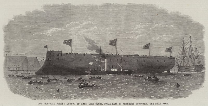 Vår jernkledde flåte, lansering av HMS Lord Clyde, Steam-Ram, i Pembroke Dockyard av Edwin Weedon
