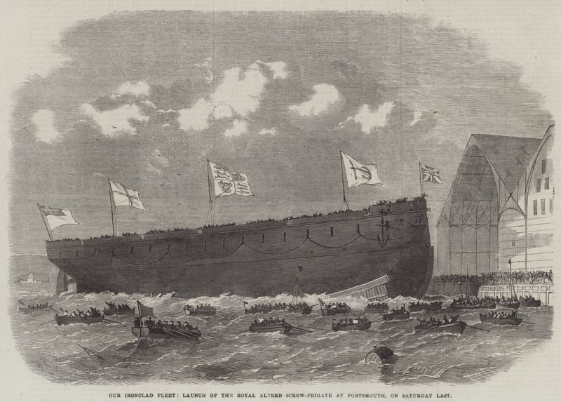 Vår jernbelagte flåte, lansering av Royal Alfred Screw-Frigate i Portsmouth, lørdag sist av Edwin Weedon