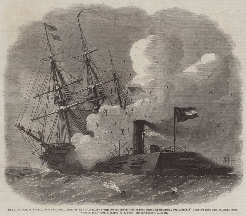 Borgerkrigen i Amerika, marineengasjement i Hampton Roads, den konfødererte jernbelagte dampbåten Merrimac (eller Virginia) som løper inn i Federal Sloop Cumberland av Edwin Weedon