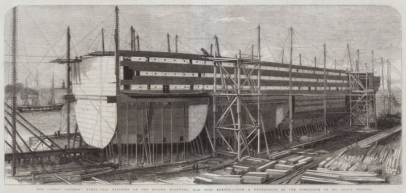Great Eastern Steam-Ship-bygningen på Stocks, Millwall, 22 500 tonns byrde av Edwin Weedon