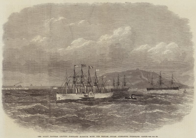 Great Eastern forlater Portland Harbor med British Indian Submarine Telegraph Cable av Edwin Weedon