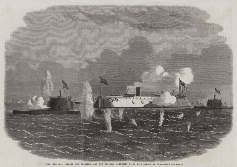 Den jernkledde fregatten New Ironsides og to Ericsson-batterier går i aksjon på Charleston av Edwin Weedon