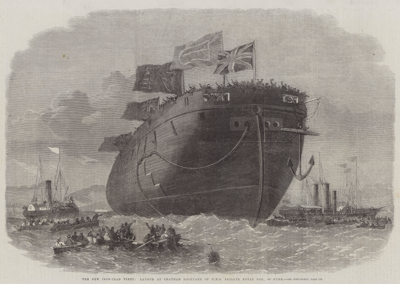 Den nye jernkledde flåten, lansert på Chatham Dockyard til HMS Fregate Royal Oak, 50 kanoner av Edwin Weedon