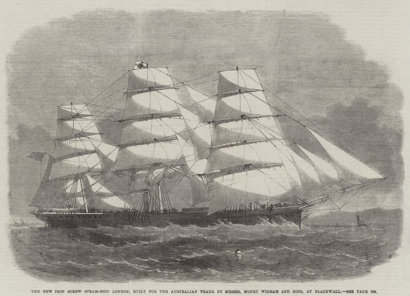 The New Iron Screw Steam-Ship London, bygget for Australian Trade av Messers Money Wigram and Sons, på Blackwall av Edwin Weedon