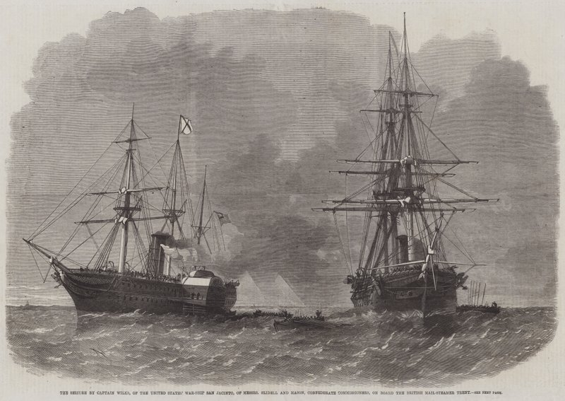 Beslagleggelsen av kaptein Wilks, av USAs krigsskip San Jacinto, av Messers Slidell og Mason, konfødererte kommissærer, om bord på den britiske Mail-Steamer Trent av Edwin Weedon