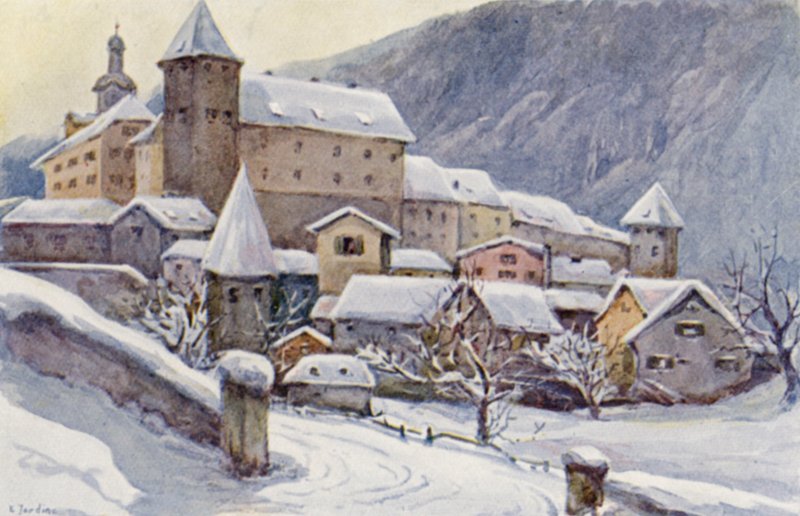 Rhinen: Chur, Coire, Biskopens palass (fargelitografi) av Effie Jardine