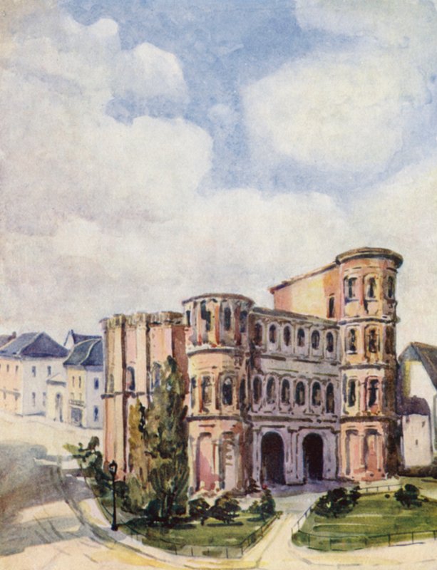 Rhinen: Trier, Porta Nigra (fargelitografi) av Effie Jardine