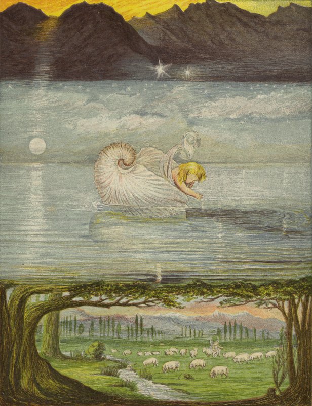 En gyllen båt på et flott, flott vann (farge litho) av Eleanor Fortescue Brickdale