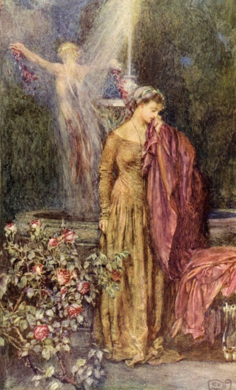 "Men hvem kan ta en drøm for en sannhet?" (farge litho) av Eleanor Fortescue Brickdale