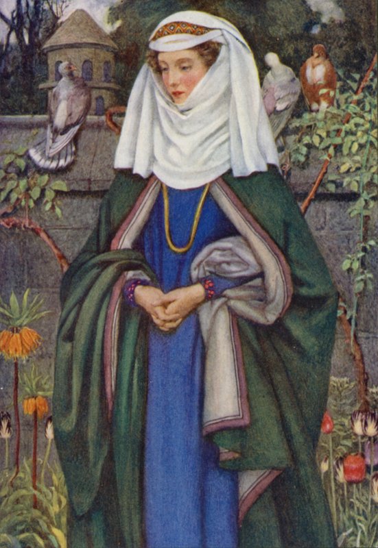 Illustrasjon for Idylls Of The King av Alfred Lord Tennyson (farge litho) av Eleanor Fortescue Brickdale