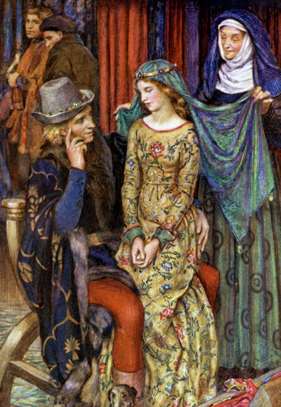 Illustrasjon for Idylls Of The King av Alfred Lord Tennyson (farge litho) av Eleanor Fortescue Brickdale