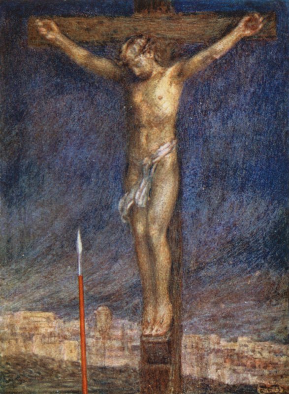 Kongens triumf, "Det er ferdig" (farge litho) av Eleanor Fortescue Brickdale