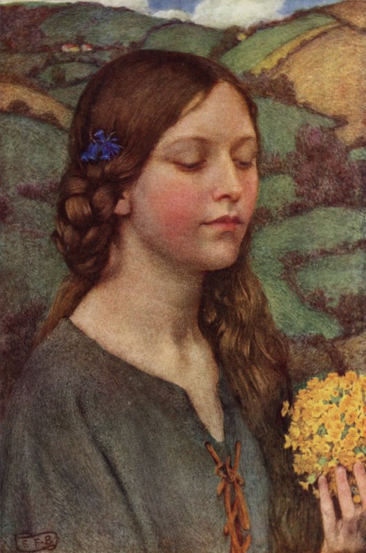 Hvem er Silvia? Hva er hun, at alle våre svaner roser henne? (farge litho) av Eleanor Fortescue Brickdale