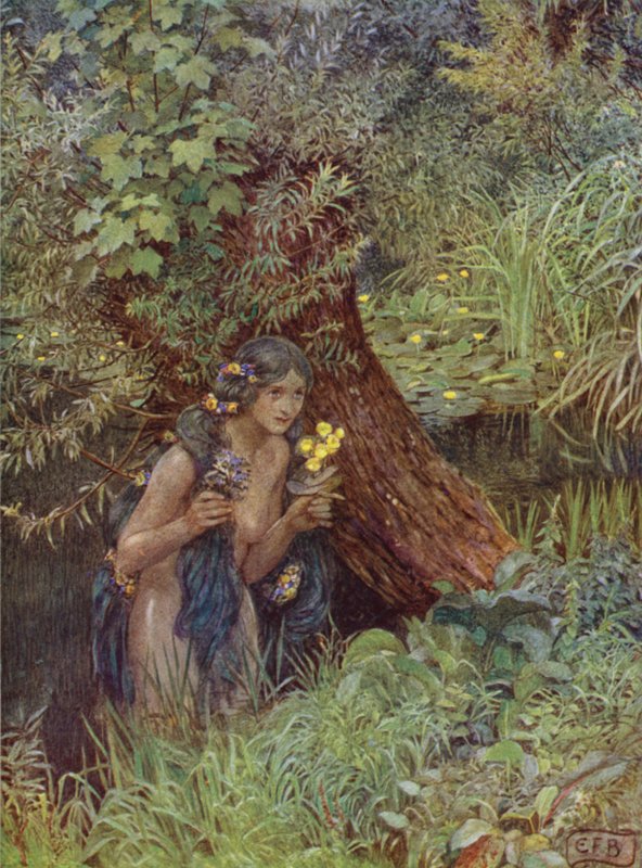 Med gode, grønnaktige lokker, alt løst ubundet, Som hver hadde vært en brud (farge litho) av Eleanor Fortescue Brickdale