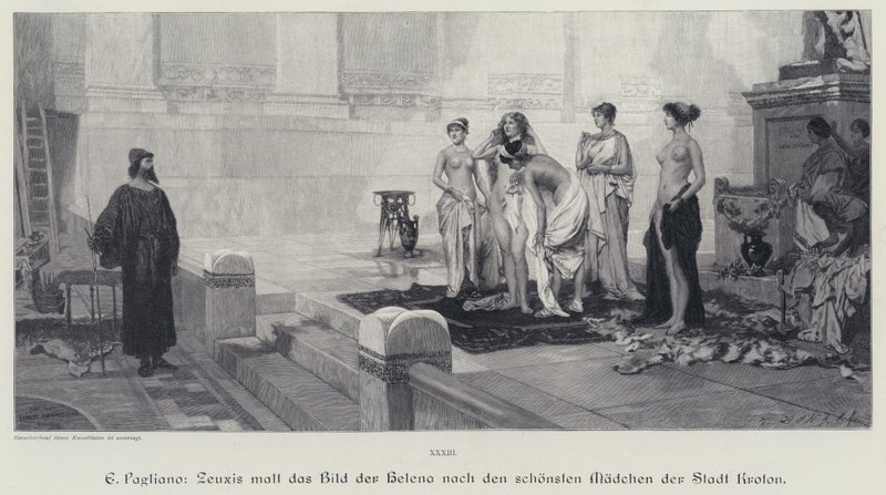 Den antikke greske kunstneren Zeuxis velger blant de vakreste kvinnene i byen Crotone modellen for hans maleri av Helen av Troja (gravering) av Eleuterio Pagliano