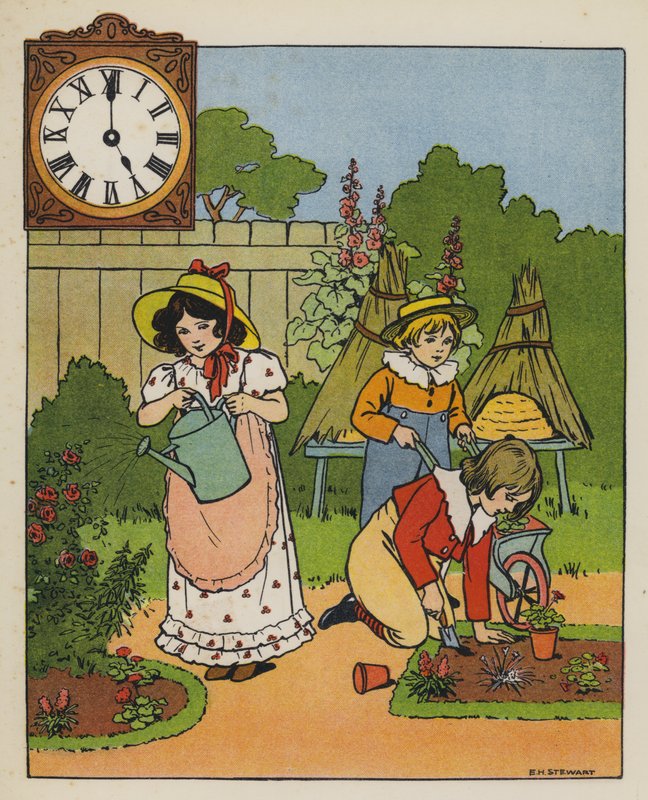 Hagearbeidstid (farge litho) av Elise H. Stewart