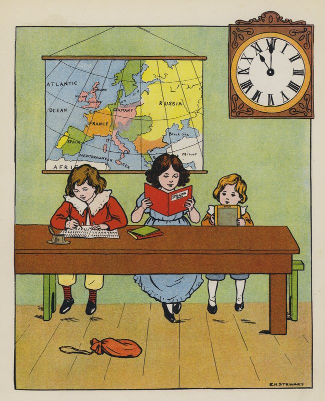 Leksjonstid (fargelitho) av Elise H. Stewart