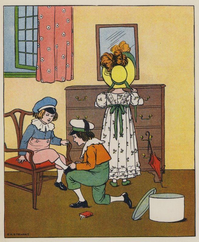 Søndag, påkledning (farge litho) av Elise H. Stewart
