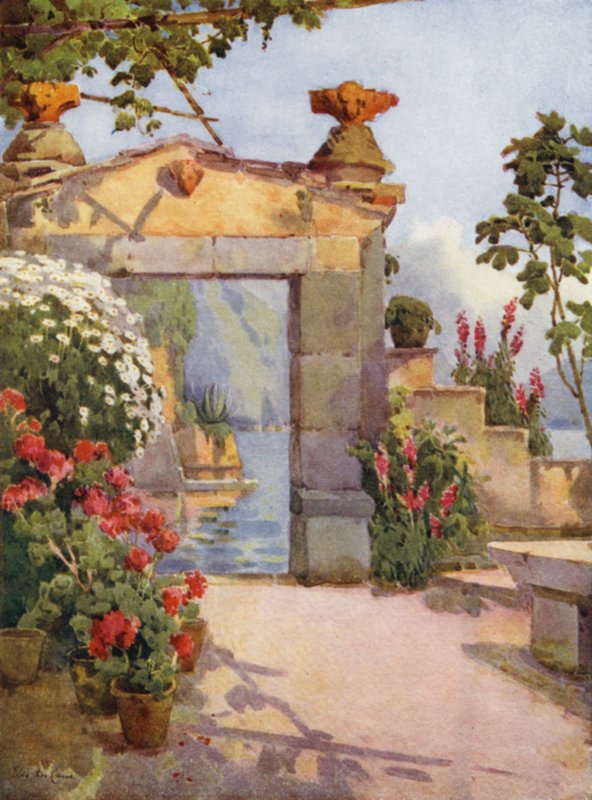 En døråpning ved Varenna, Comosjøen (farge litho) av Ella Du Cane