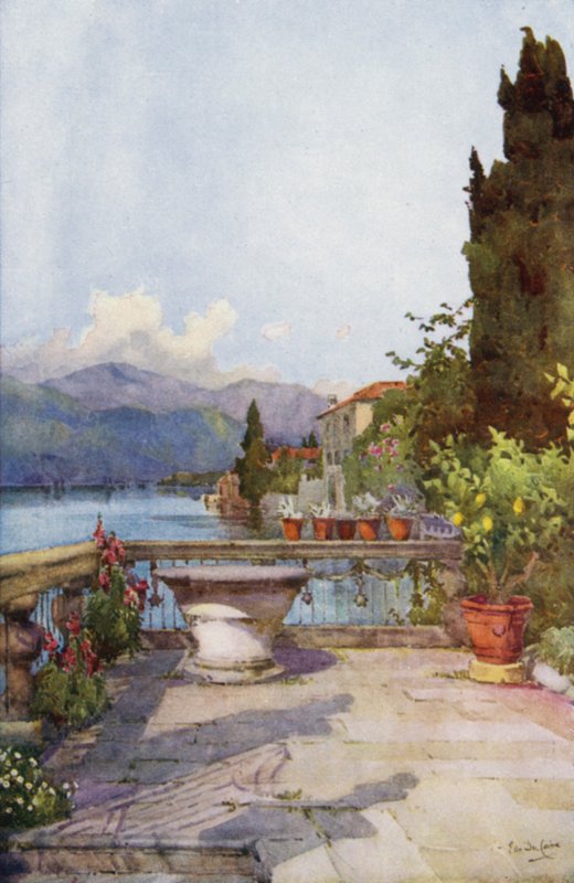 En hage ved Orta (farge litho) av Ella Du Cane