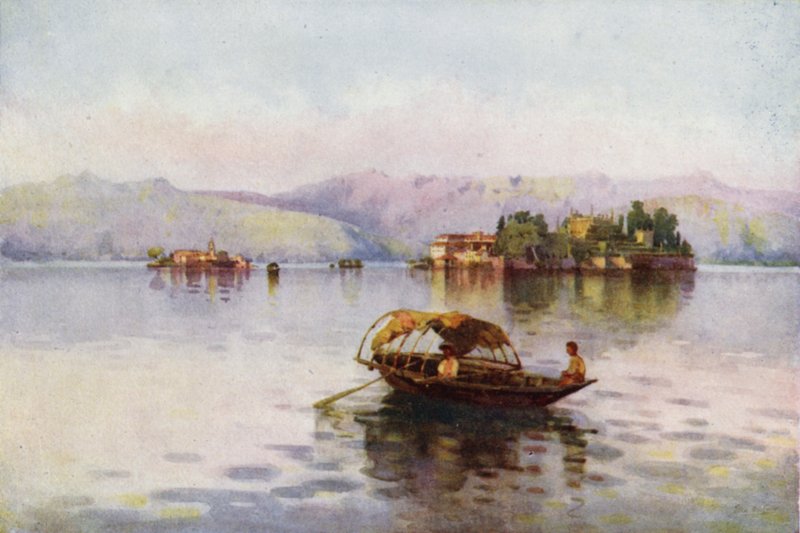 En sommerkveld, Lago Maggiore (farge litho) av Ella Du Cane