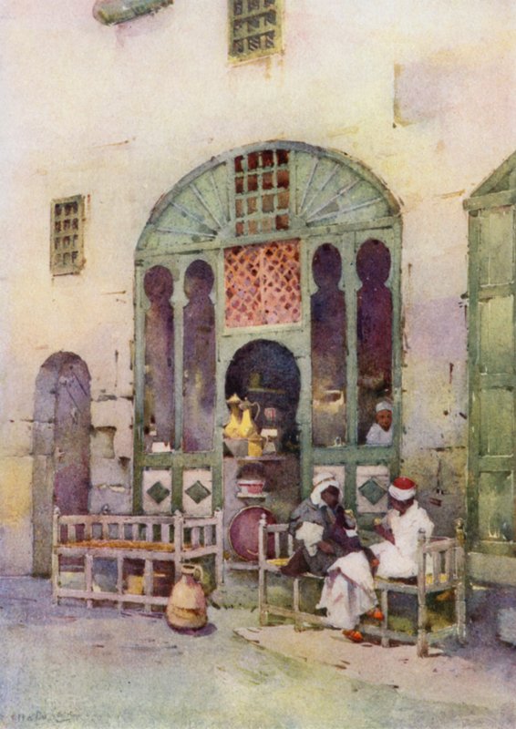 En arabisk kafé, Kairo (farge litho) av Ella Du Cane