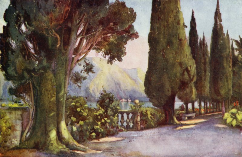 Cypress Avenue, Villa del Pizzo, Comosjøen (farge litho) av Ella Du Cane