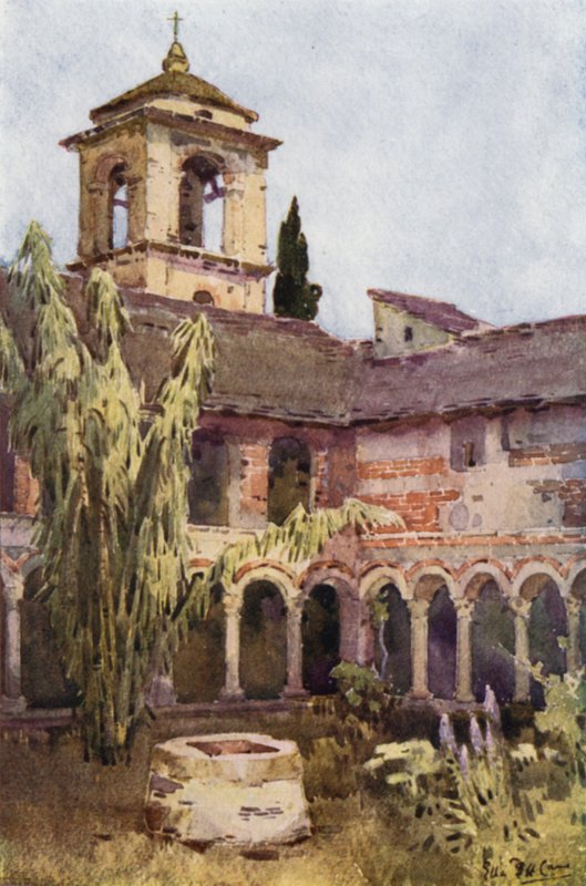 The Cloister of Piona, Comosjøen (farge litho) av Ella Du Cane
