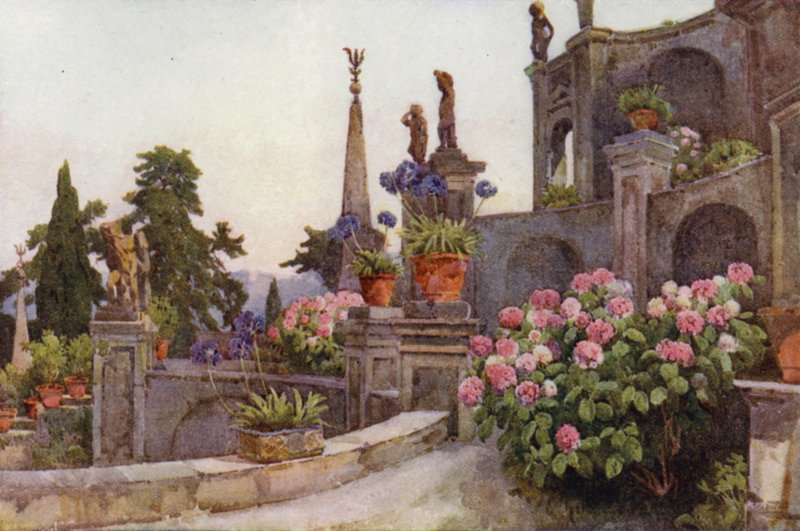I hagen, Isola Bella, Lago Maggiore (farge litho) av Ella Du Cane