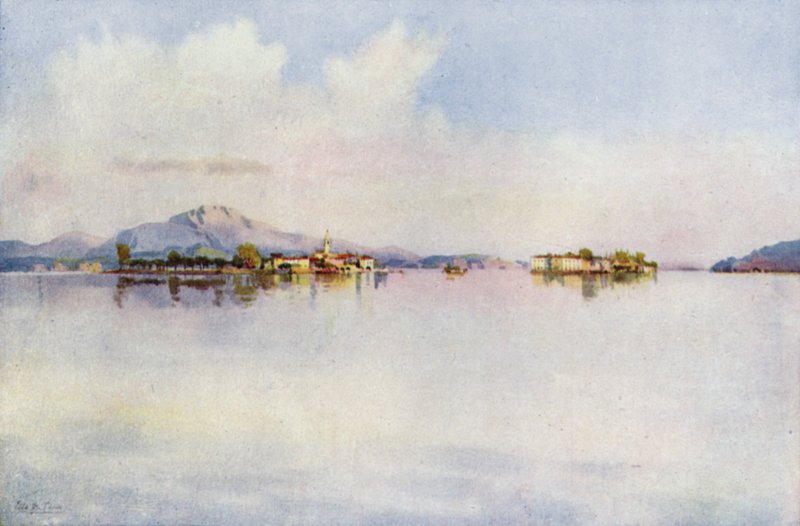 Isola Bella og Isola Pescatori, Lago Maggiore (farge litho) av Ella Du Cane