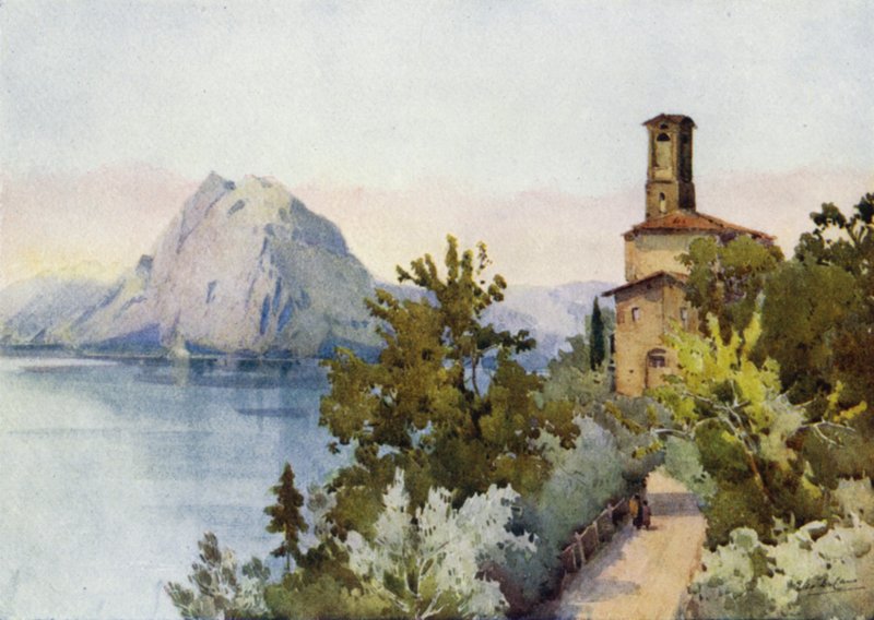 Monte San Salvatore, Luganosjøen (farge litho) av Ella Du Cane