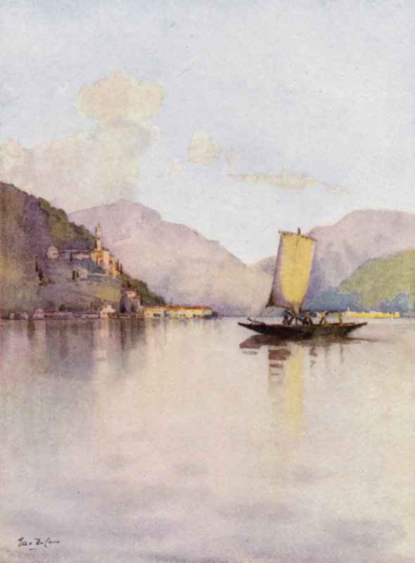 Morcote, Luganosjøen (farge litho) av Ella Du Cane