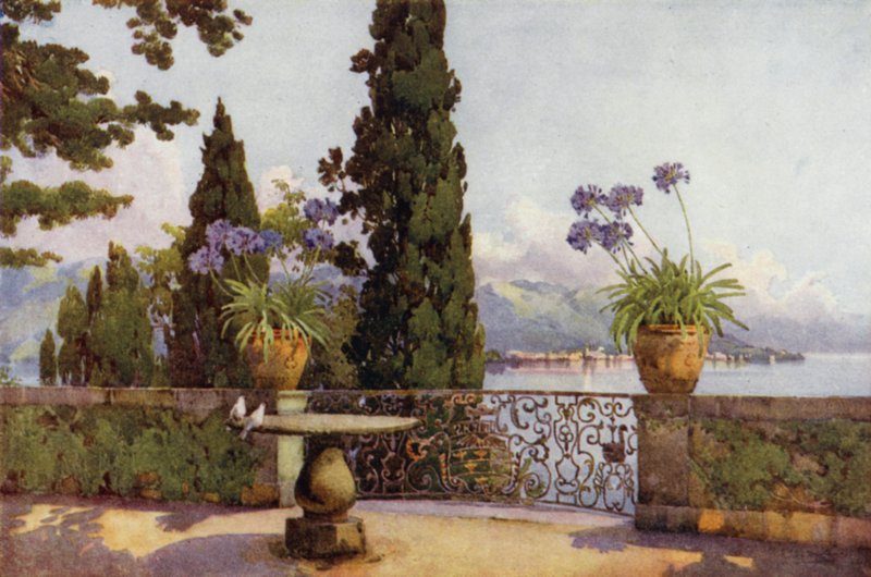 Pallanza fra Isola Bella, Lago Maggiore (farge litho) av Ella Du Cane
