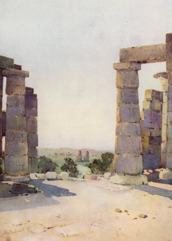 Kolossene fra Ramesseum i tidlig morgen (farge litho) av Ella Du Cane