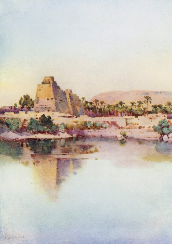 Pylonen til Hatshepset ved Karnak, fra den hellige innsjøen (farge litho) av Ella Du Cane