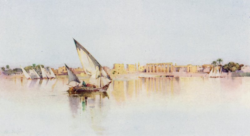 Luxor-tempelet, fra Nilens vestbredd (farge litho) av Ella Du Cane