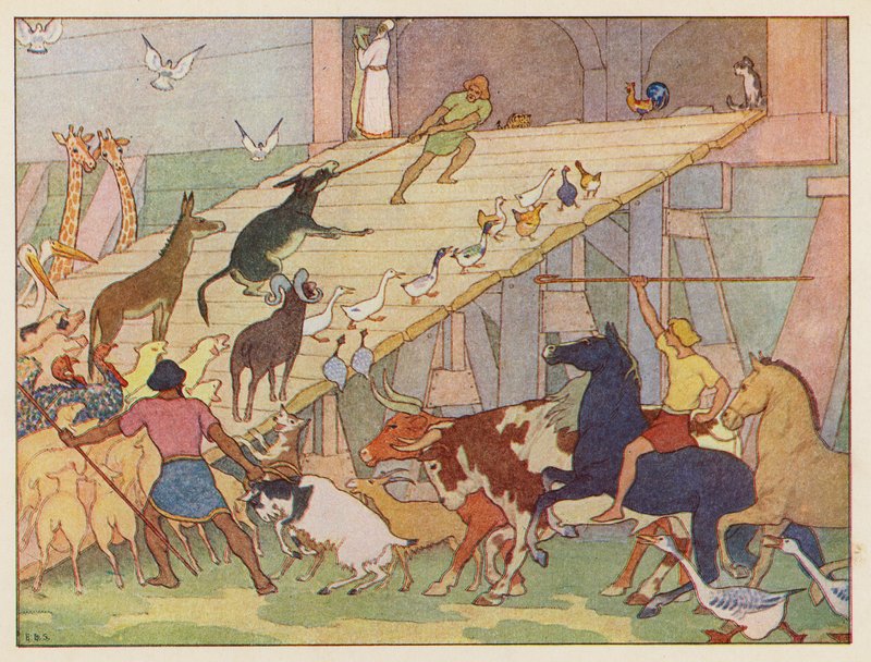 Noahs ark: Går om bord (fargelitografi) av Elmer Boyd Smith