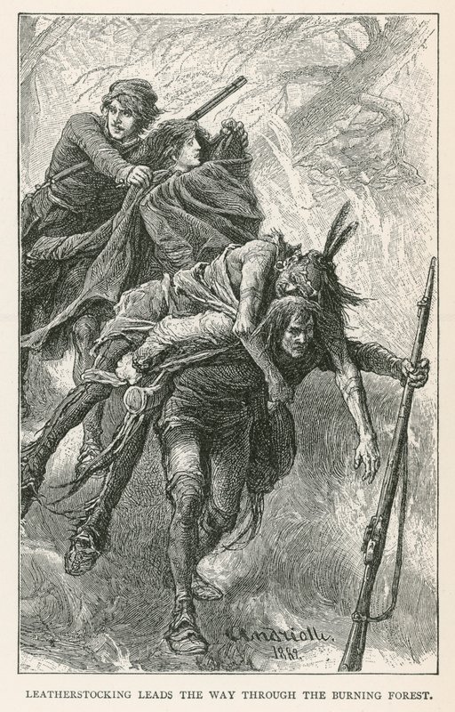 Lærstrømpen leder veien gjennom den brennende skogen (gravering) av Elviro Michael Andriolli