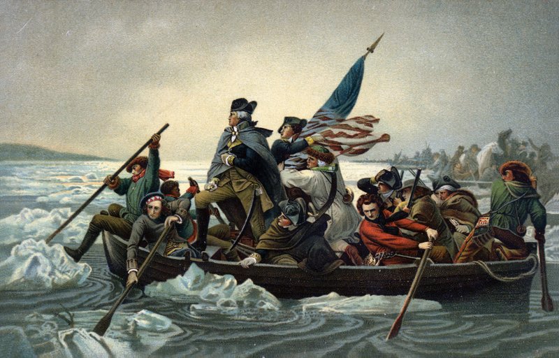 George Washington krysset Delaware under den amerikanske uavhengighetskrigen, 25. desember 1776 (chromolitho) av Emanuel Gottlieb (after) Leutze
