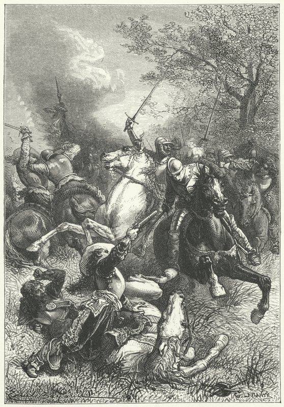 Cromwells Ironsides kjemper mot royalistisk kavaleri i den engelske borgerkrigen (gravering) av Emile Antoine (after) Bayard