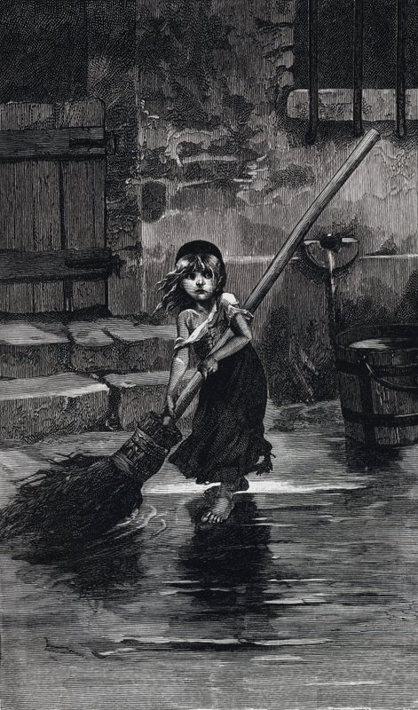 Scene fra Les Miserables, av Victor Hugo: Cosette sweeping (gravering) av Emile Antoine (after) Bayard