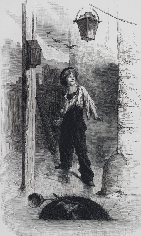 Scene fra Les Miserables, av Victor Hugo: Gavroche (gravering) av Emile Antoine (after) Bayard